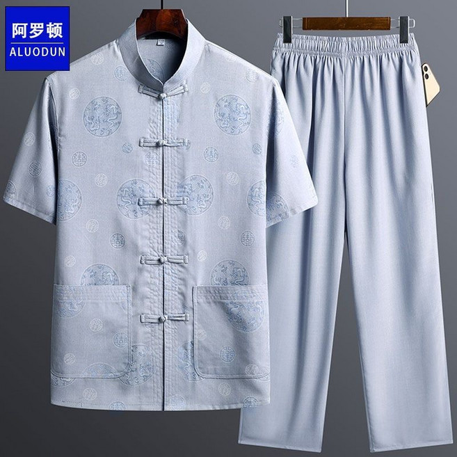 唐裝男中老年爸爸裝夏季短袖套裝男裝全套中國風兩件套老年人衣服
