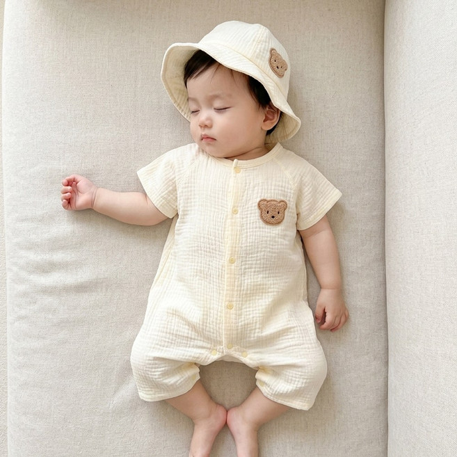 몽실이 곰돌이 거즈면 우주복 모자세트 여아 남아 프릴 민소매 반팔 바디슈트 벙거지 세트 아기 여름 외출복