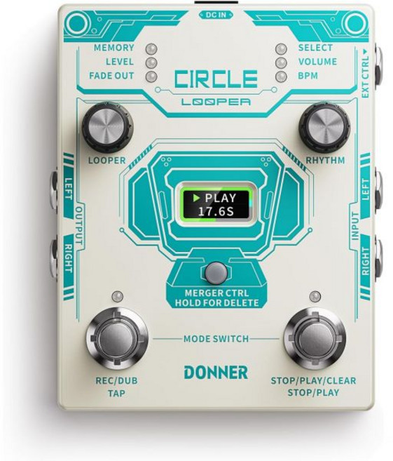 Donner 도너 서클 루퍼 페달 드럼 머신 투인원 스테레오 기타 루프 페달 40 슬롯 160 분 루프 110 개의 그루브 탭 템포 페이드 아웃, 1개
