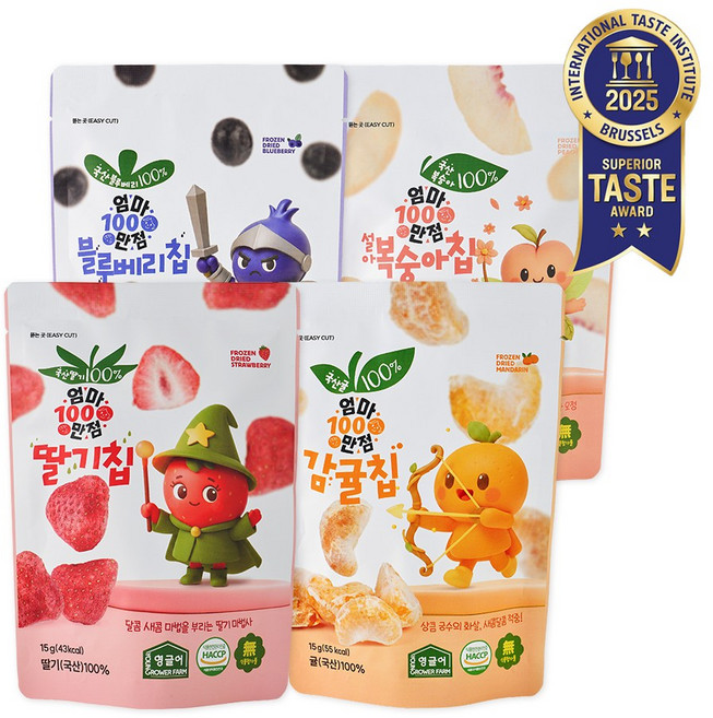 [영글어농장] 국내산 엄마만점 동결건조 과일칩 4팩 (설아복숭아 딸기 감귤 블루베리), 4개, 15g