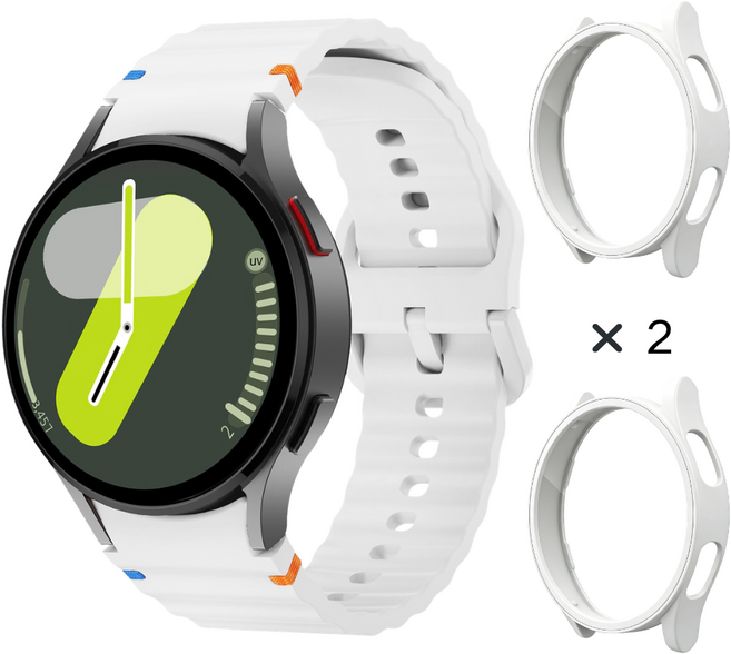 데일리피 갤럭시워치 호환 실리콘 컬러풀한 스티치 스트랩 8/7/6/6클래식/5/5프로/4/4클래식+PC 케이스 2개, 화이트/화이트