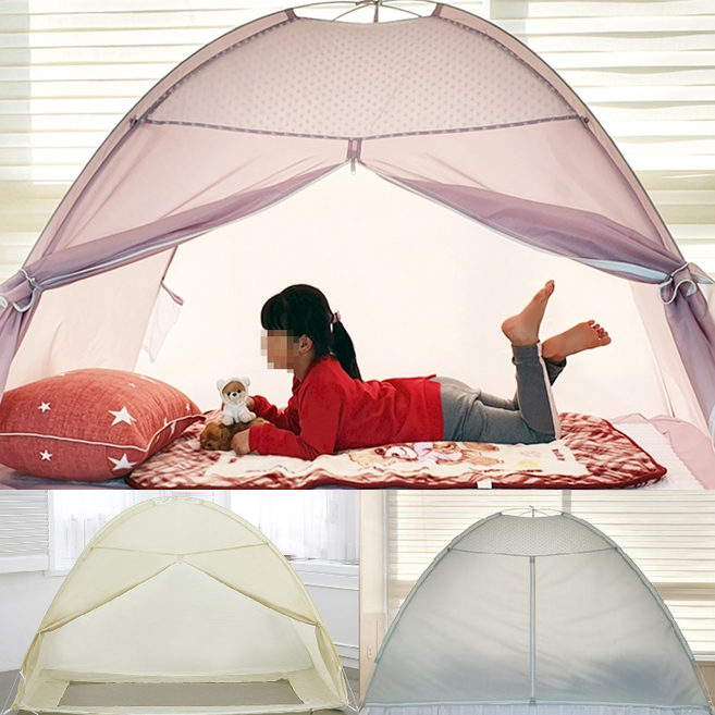 원터치 난방 텐트 1인용 바닥X 120x200 소형 슈퍼 싱글 겨울 사각 침대 우풍차단, 핑크