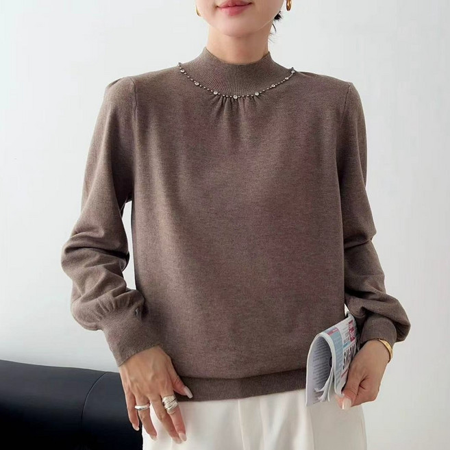 하모리 고급스러운 스톤넥라인 팔뚝살 커버 퍼프소매 반폴라 긴팔 니트티 여성스러운 예쁜 데일리룩