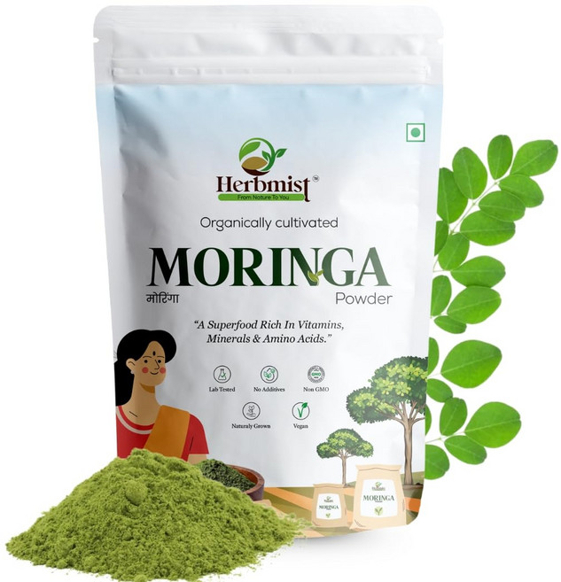 허버미스트 유기농 모링가 잎 가루 200g | 실험실 테스트 완료 & 순수 드럼스틱 잎 가루 | 에너지 면역력 피부 소화에 좋은 천연 슈퍼푸드 | 비건 비유전자변형 | 체중, 1개입, 1개