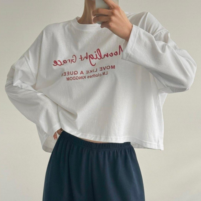 문라이팅 레터링 크롭 긴팔티 봄가을 크롭티