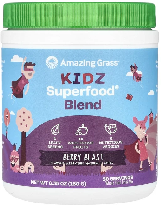 어메이징 그라스 키즈 슈퍼푸드 블렌드 베리 180g 과일 채소 혼합 분말, 1개 - 쿠팡