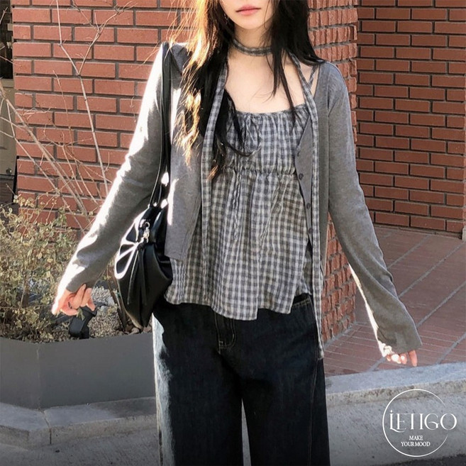 레티고 러블리무드 체크 셔링 리본 초커 나시 슬리브리스