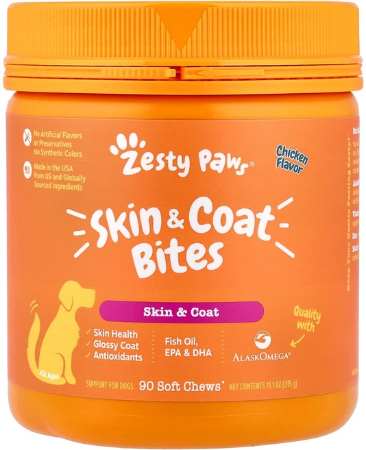 Zesty Paws 스킨 앤 코드 바이트 반려견용 전 연령 치킨 맛 소프트츄 90개 315g(11.1oz) Paws (제스티 포즈), 1개 - 쿠팡