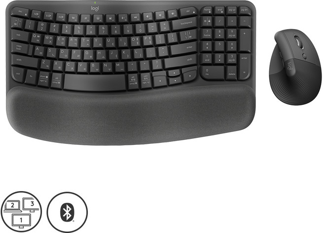 로지텍코리아 WAVE KEYS AND LIFT COMBO 웨이브 키즈 무선 인체공학키보드 리프트 무선 마우스 콤보 세트, 그라파이트, 로지텍인체공학키보드, 제조사축
