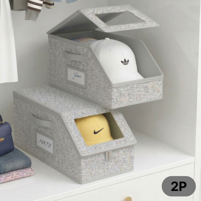 MeoLiving 모자 보관함 다용도 먼지차단 접이식 수납박스, 그레이, 2개