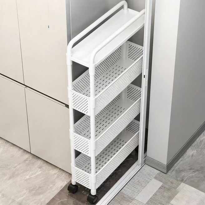 이동식 틈새 트롤리 다용도 바퀴형 수납대 슬림 선반, 흰색, 4단