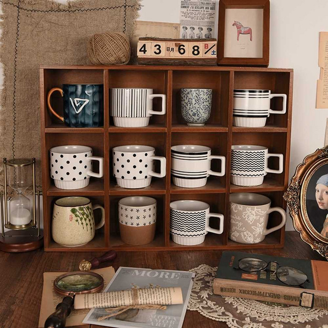장식품 진열대 원목 레트로 선반 책상선반 소품 박스 컵 보관대 빈티지 데스크탑 랙, 2.레트로컬러 소형 12칸