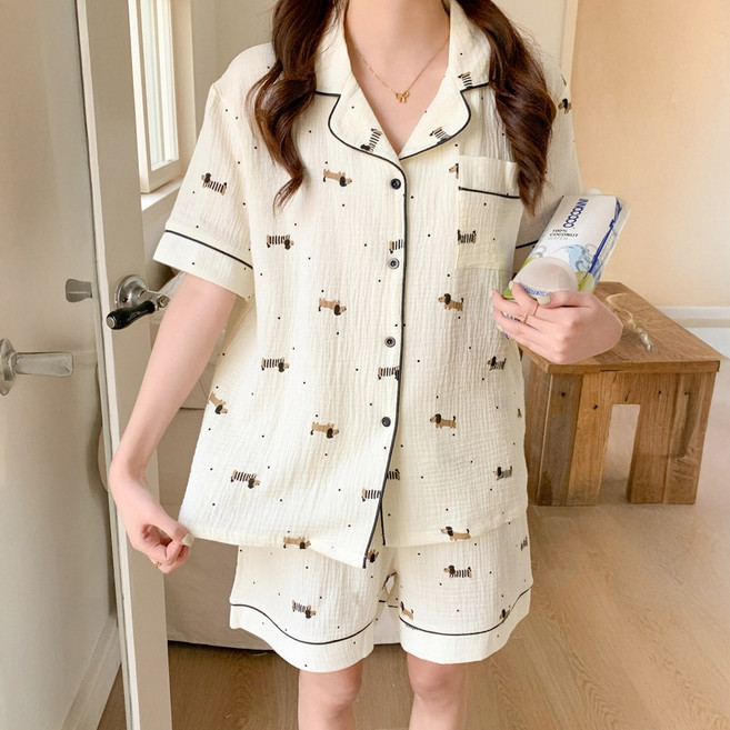 여성 반팔 루즈핏 여름잠옷세트 귀여운 강아지무늬 링클 반팔반바지잠옷 여성홈웨어 구김없는 츄리닝 CW몽글