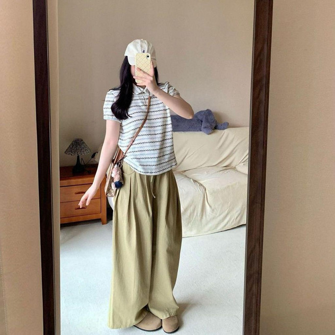 夏季ootd穿搭一整套韓繫條紋娃娃領針織短袖上衣休閒百搭長褲女裝