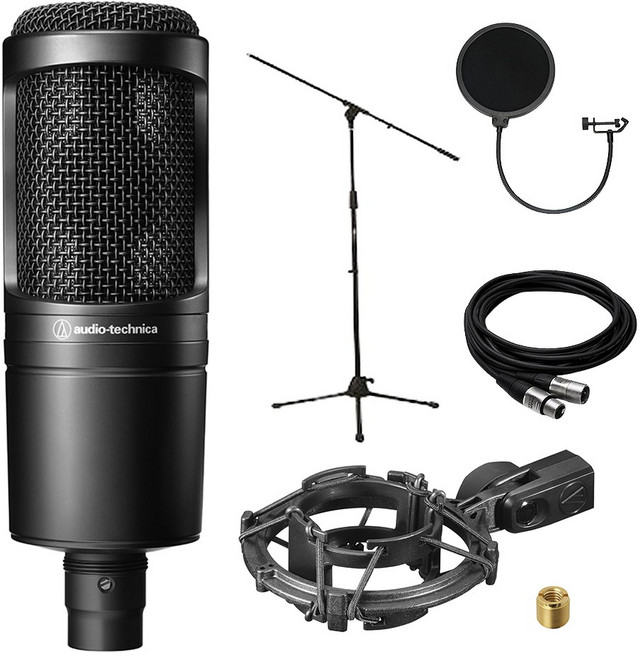 오디오테크니카 AT2020 입문자 홈레코딩 녹음용 콘덴서 마이크, 쇼크마운트+롱스탠드+케이블+팝필터