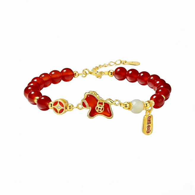 馬年紅瑪瑙手鍊，寓意平安，金飾設計