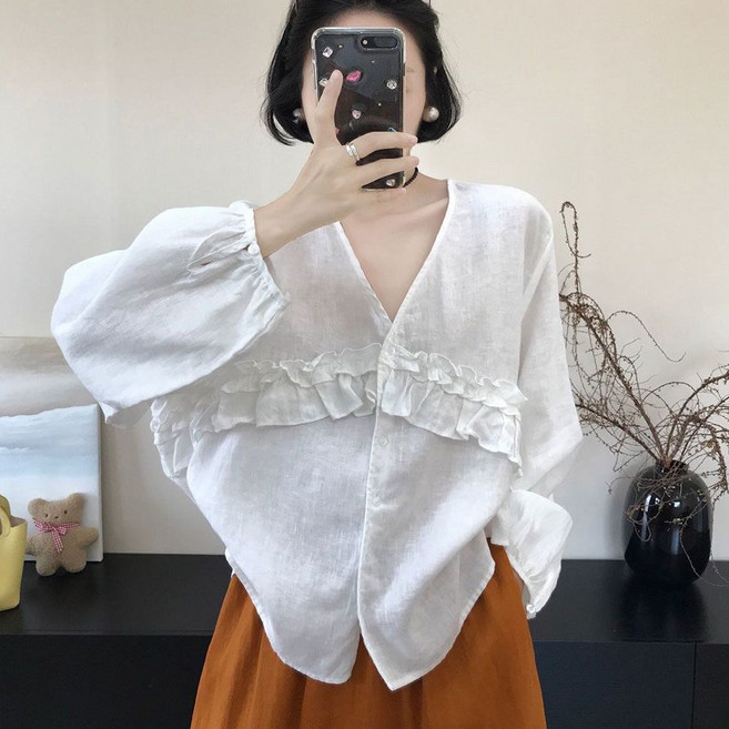 여성셔츠 오버핏 프릴 예쁜 브이넥 긴팔티 얇은 루즈핏 남방 빅사이즈 블라우스