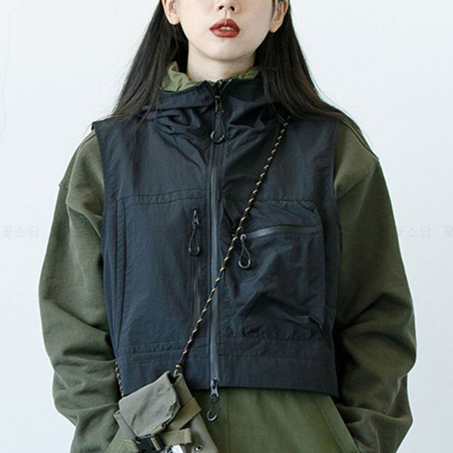 꽃소담 여자 멀티포켓 크롭 작업조끼 등산복 근무복조끼 민소매 숏 집업 자켓 HXY26A836