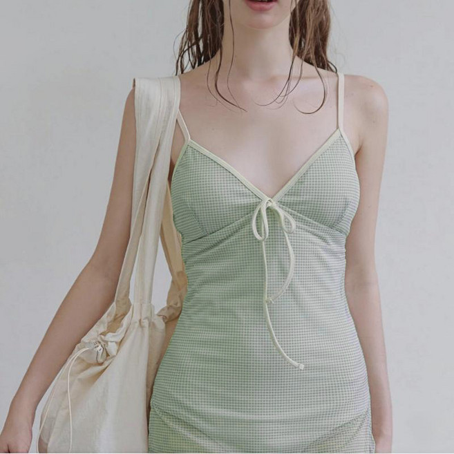 PAKCHOICE 여성 그린 체크 스윗 걸리시 플라워 무드 스트랩 원피스 수영복