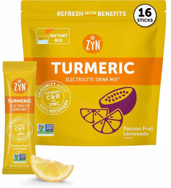 스포츠 운동 음료 믹스 파우더 ZYN 전해질 수분 공급 팩 가루 강황 커큐민 비타민 C와 D 아연이 포함된 건강을 위한 8개입 1세트 다양팩, 패션프루트 레모네이드, 16개입 (1팩)