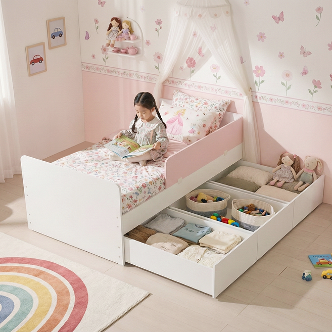 원마인드 스마트 E0등급 어린이침대 SS 수퍼싱글 침대 프레임, 스마트 서랍침대(기본형)-핑크
