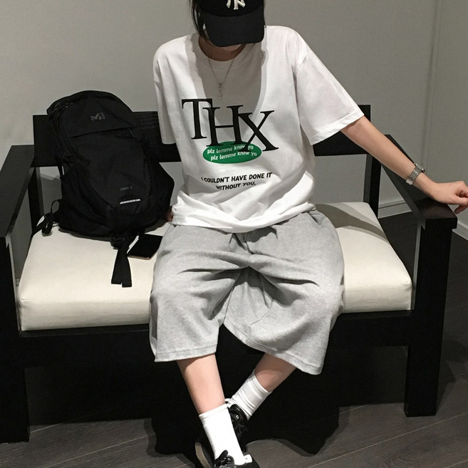 티데일리 남녀공용 땡스 프린팅 오버핏 20수 라운드 반팔 티셔츠