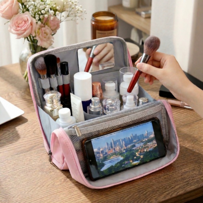 누닷 여행용 대용량 화장품 파우치 스탠딩형 거울포함