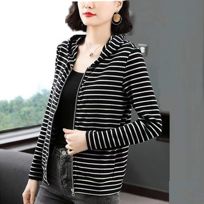 40대60대 엄마옷 중년여성의류 후드집업 아우터 코트 봄가을 빅사이즈 스트라이프 맨투맨