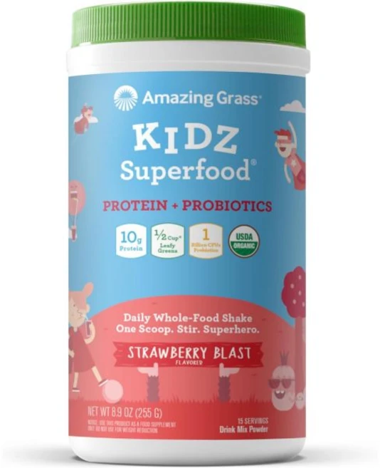 활동 장 운동 잔디 키즈 슈퍼푸드: 비트 뿌리 가루와 잎채소 1/2컵 익스 초콜릿 15인분 비건 단백질 프로바이오틱스 어린이용, Strawberry, 8.9 Ounce (Pack of 1), 1개, 255g - 쿠팡