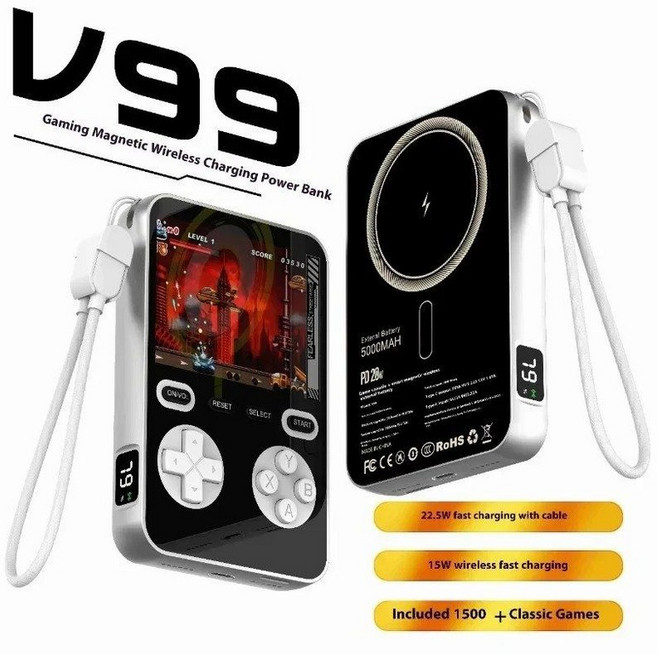 맥세이프 5000mAh 고속 무선 충전기 C타입 스트랩 미니 휴대용 레트로 게임기, Silver