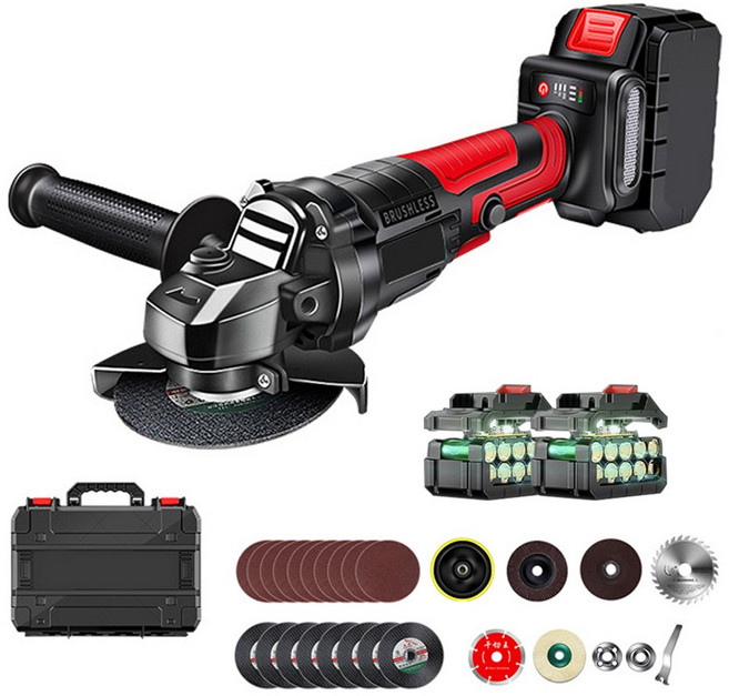 [QZMY]독일 기술 전동 무선 충전 그라인더 핸드 프리미엄 브러쉬리스 모터 고급형 21V 대용량 배터리 세트, (공구함+10셀 배터리2개), 1세트