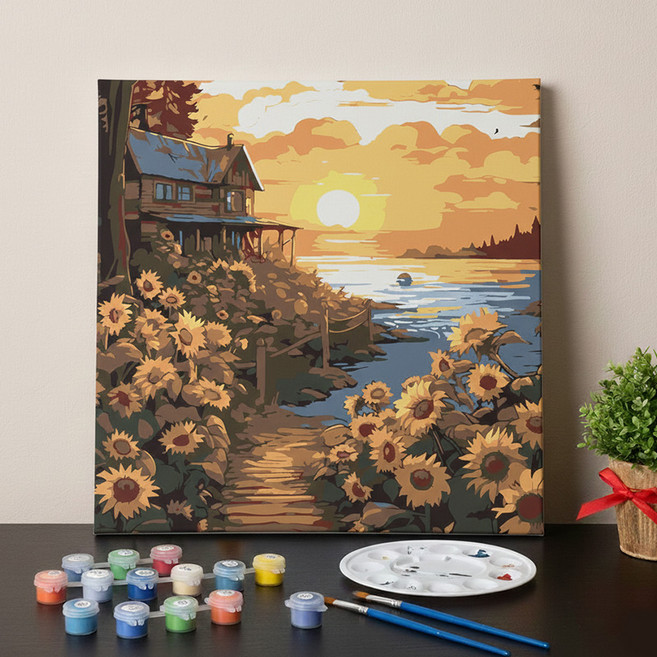 스토리원 U-ALAC-115 풍수지리 인테리어 해바라기 DIY 그리기 피포 페인팅 세트, 1세트, 호수노을 20*20cm