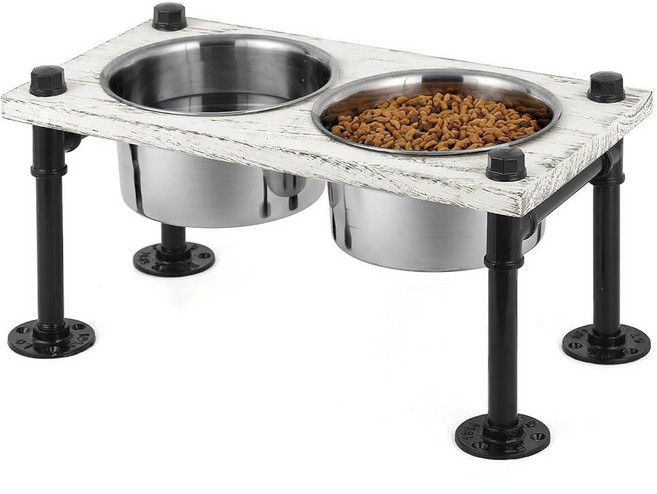 HAITRAL Elevated Dog Bowls- Raised Bowls with Double Bowls Bowl Stand Rustic Wood Panel and Indus, HAITRAL Elevated Dog Bowls- Ra