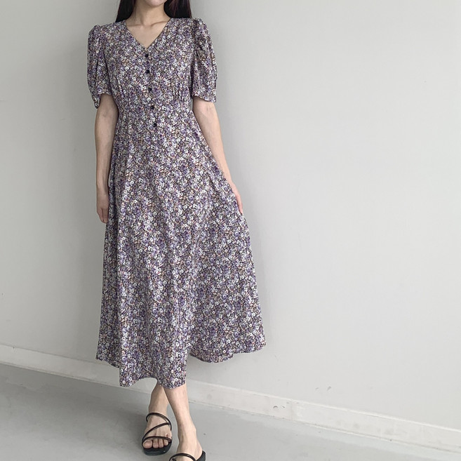 행복한여자 꽃 나염 퍼프소매 브이넥 롱 원피스