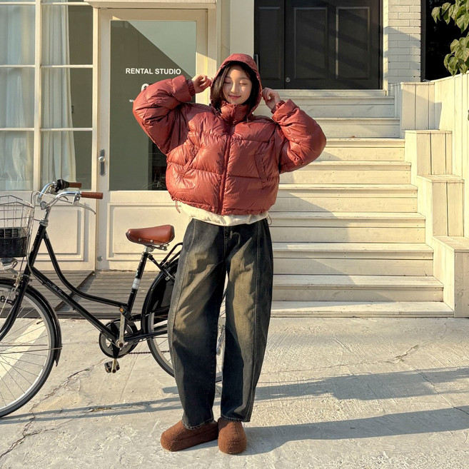 [44-100][스트릿] 덕다운 히든후드 하이넥 숏 패딩 여성 빅사이즈 여자 플러스사이즈 어거스트플랜