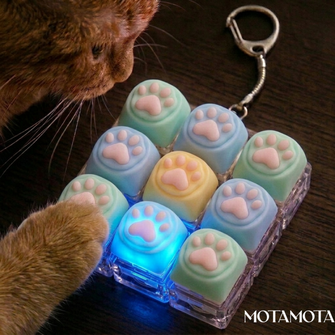 모타모타 4구 9구 고양이 키캡키링 led 키보드 클리커 클릭커 열쇠고리 제작 딸깍이 (추가 코인 건전지 무료 증정), 민트,파랑 9구, 1개