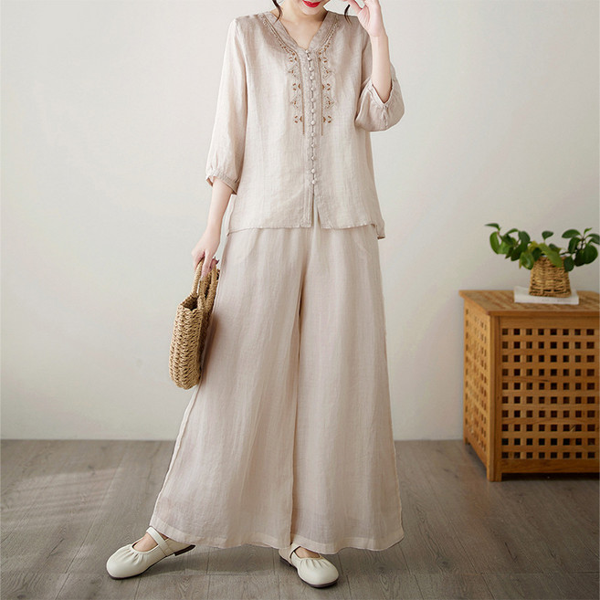 여름 여사 패션 생활한복 캐주얼 자수 상의 와이드 팬츠 개량 한복 투피스