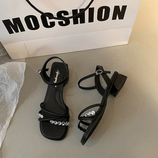 MOCSHION 法式粗跟涼鞋女 夏季時尚水鉆一字帶羅馬鞋, 1個, 黑色40