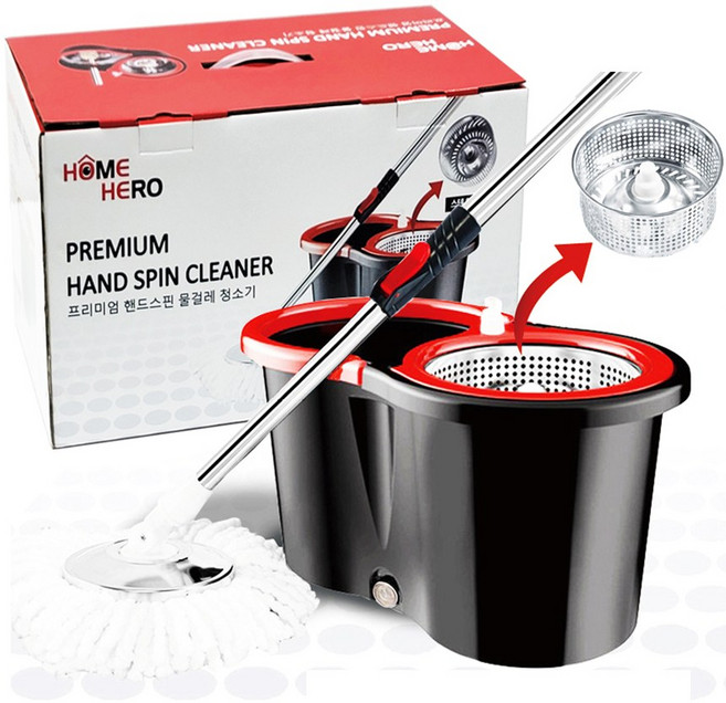 홈히어로 통돌이 물걸레세트 세척 탈수통+밀대봉+극세사걸레(2P) 회전 핸드스핀 스테인레스, 1세트