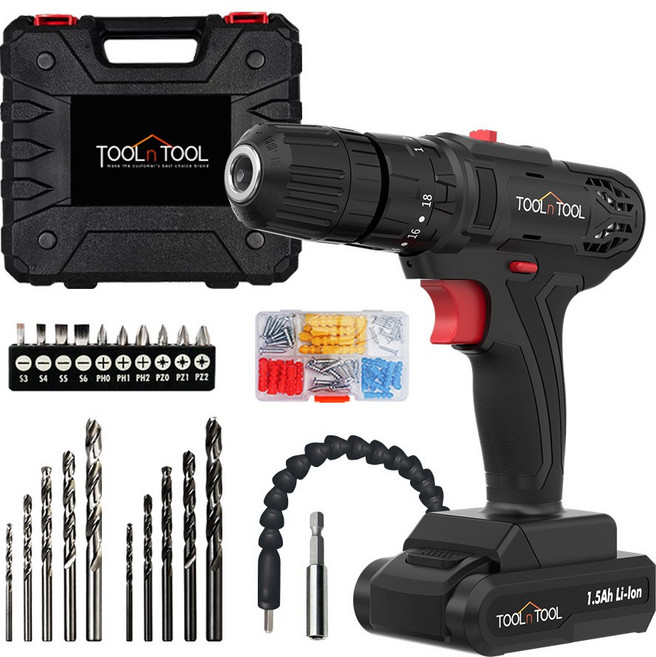 툴앤툴 21V 충전식 무선 전동드릴 + 필수 악세서리 6종 TNT-HEX21LI 콘크리트타공 가구조립 커튼레일설치, 1개