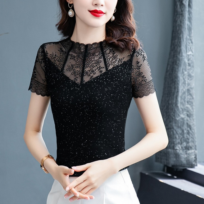 여성용 라운드 슬림 망사 반팔 티셔츠 Women's T-shirt 5X116