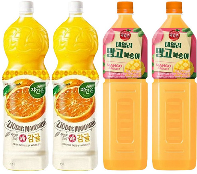 웅진 자연은 감귤 + 해태htb 과일촌 데일리 망고복숭아 주스 (1.5 PET 혼합 각각 2개씩), 4개, 1.5L