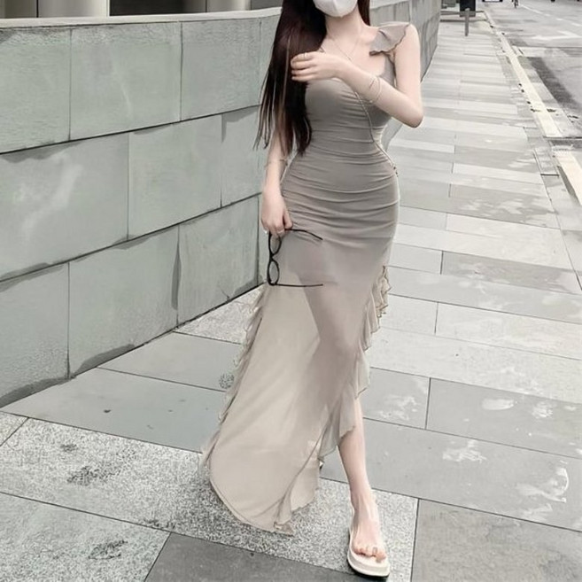 아이엠몽 여성 언발 셔링 슬림 롱 원피스