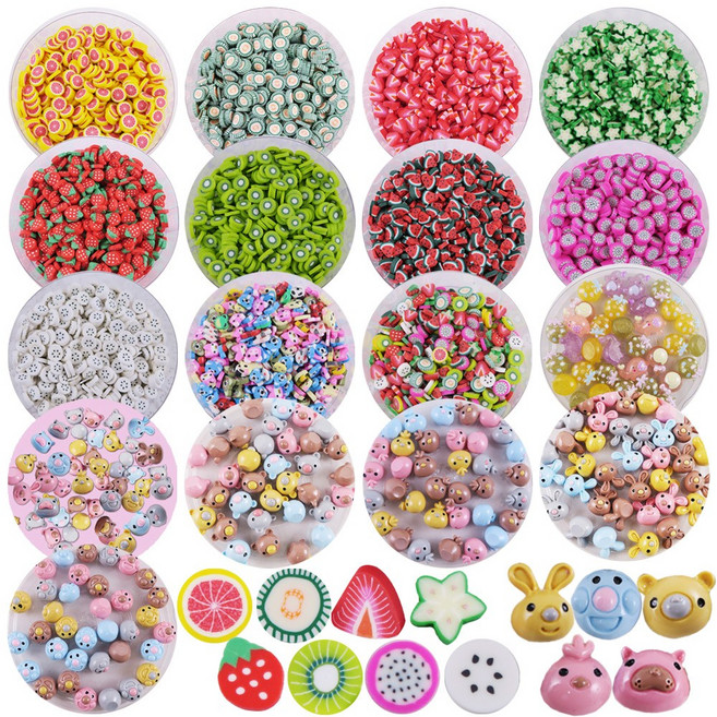 슬라임 비즈 (통포장) 슬라이스 파츠 클레이 토핑 데코 과일 동물 구슬 미니어처 재료 -모양18종, (혼합색상) 05 슬라이스 딸기반쪽, 1개