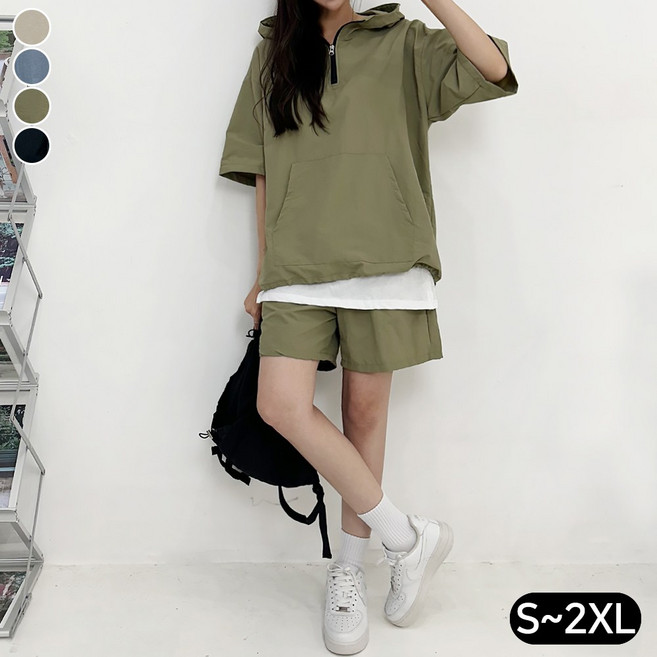 끌로이 남여공용 커플룩 여름용 아노락 후드 반팔 반바지 세트 오버핏 반집업 여름 트레이닝 셋업 얇은 바람막이 소재