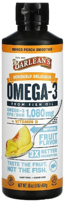 Barlean's Seriously Delicious 오메가3 피쉬오일 망고 복숭아 스무디 1080mg 454g(16oz), 1개, 454g, 1개 - 쿠팡