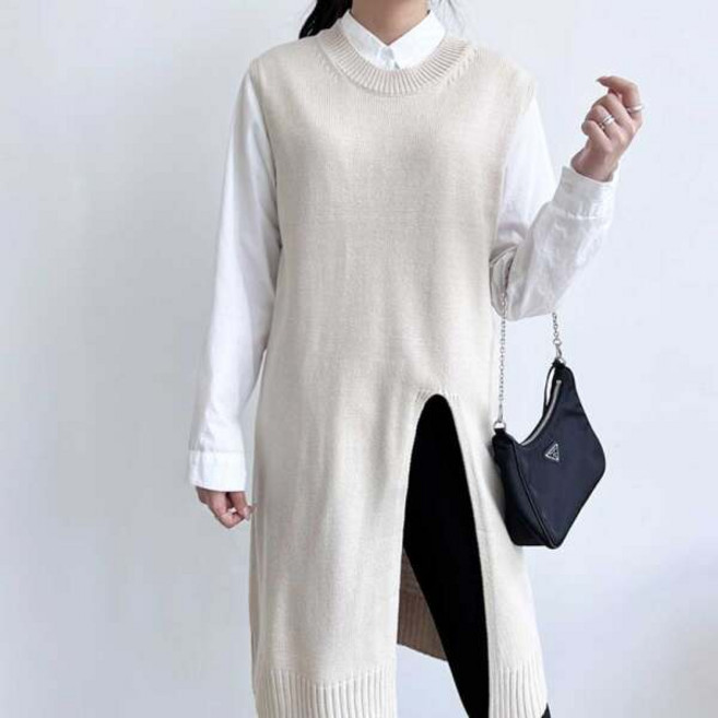 [라이프커머스] 원피스 겨울 OPS 기모 홈웨어 파자마 여자 앞트임 니트 조끼 롱 라운드넥 레이어드룩