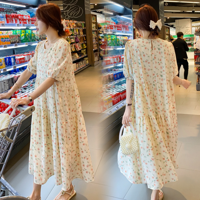 임산부 여름 롱 원피스 캐주얼 대형 여성 여름 시폰 롱 드레스 플라워 패턴 임부용 루즈핏 시원한 스타일 JXH