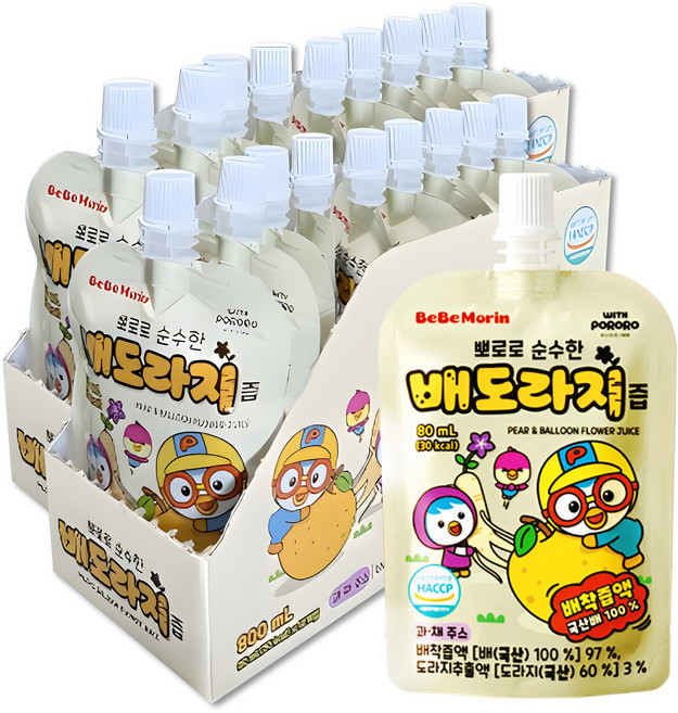 뽀로로 순수한 배도라지 어린이 캐릭터 음료수 국산 배 100% 과채주스, 20개, 80ml