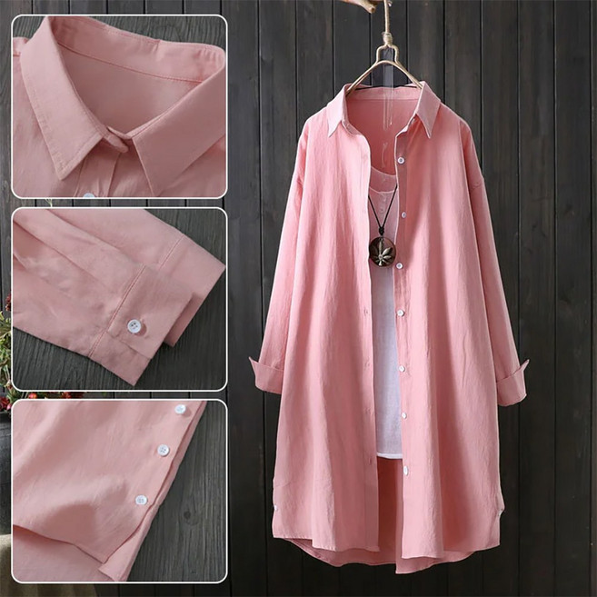 로로비 여성 카라 긴팔 미디 롱셔츠 카라 셔츠 LS0605